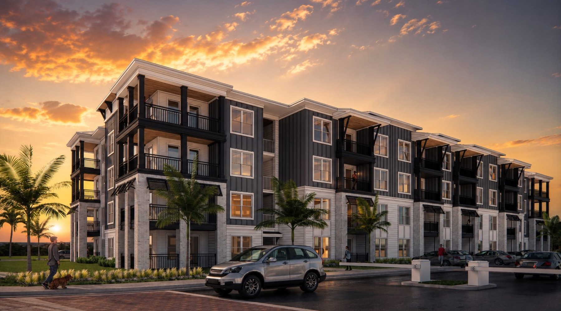 an apartment building with a car in a parking lot