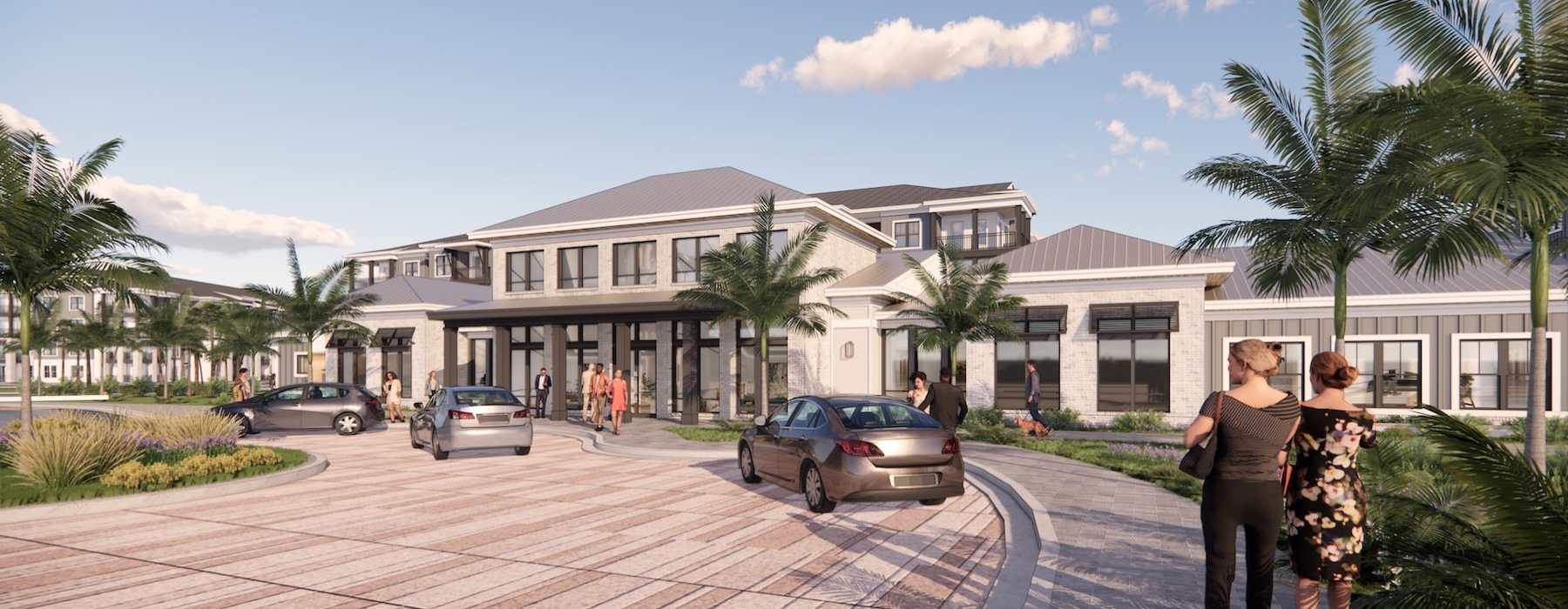 a leasing office with people and cars